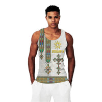 White men's tank top with ETHIOPIA text and colorful tibeb cross star graphic