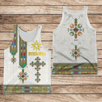 White men's tank top with Ethiopian cross and star tibeb pattern, crew neck