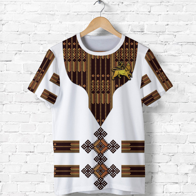 White T-shirt with Ethiopian panel print and gold lion front graphic