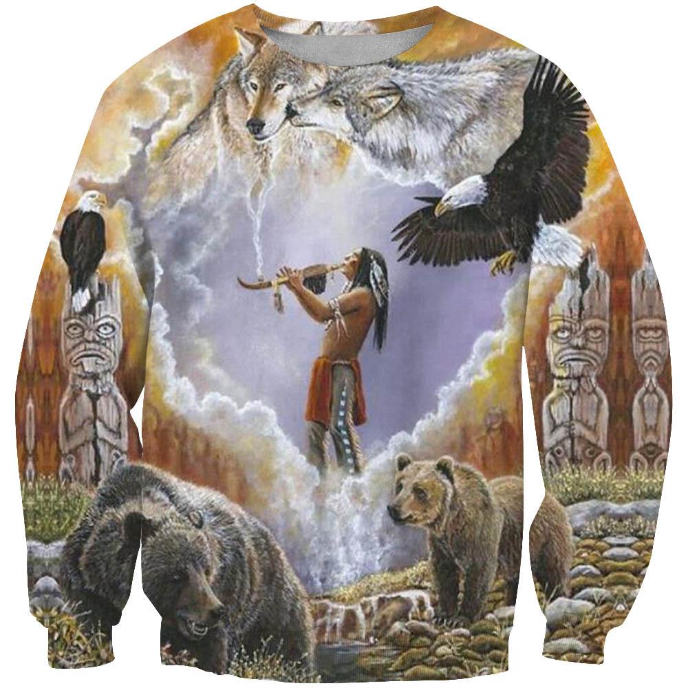 Unisex sweatshirt with multicolor wolf, bear, birds, totem figures and clouds