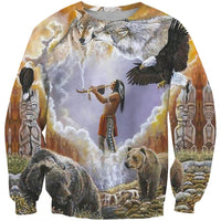Unisex sweatshirt with multicolor wolf, bear, birds, totem figures and clouds