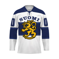 White Finland hockey jersey with Suomi text, navy crest and lion emblem on front