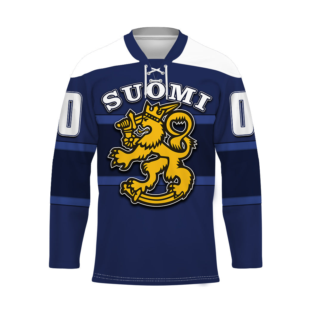 Blue Finland Suomi hockey jersey with front crest, drawstring collar and sleeve number