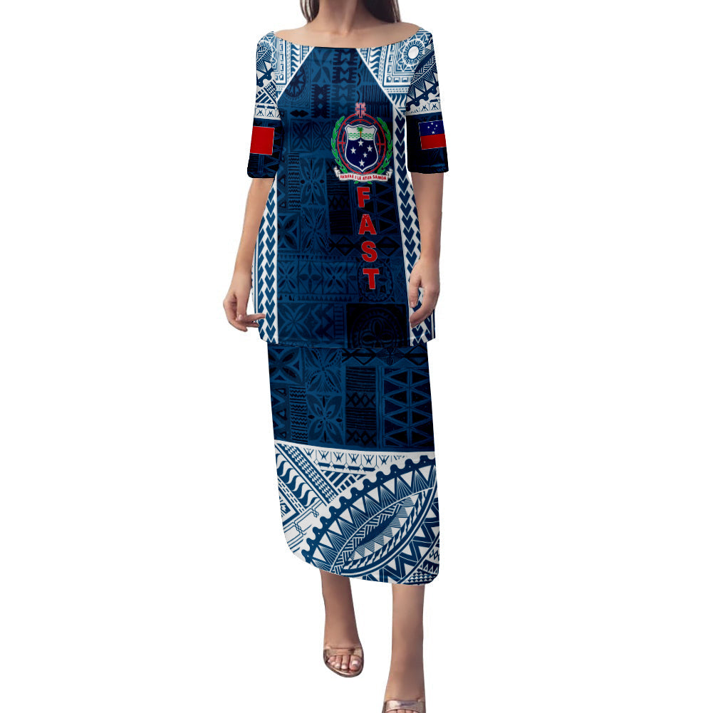 Blue long puletasi dress with tapa pattern, square neckline, elbow sleeves