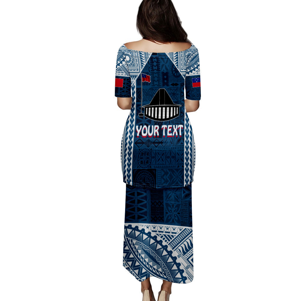 Blue long puletasi dress with tapa pattern, back graphic and customizable text