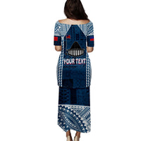 Blue long puletasi dress with tapa pattern, back graphic and customizable text