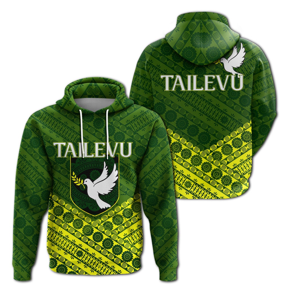 Green pullover hoodie with TAILVU text, dove emblem, tapa pattern