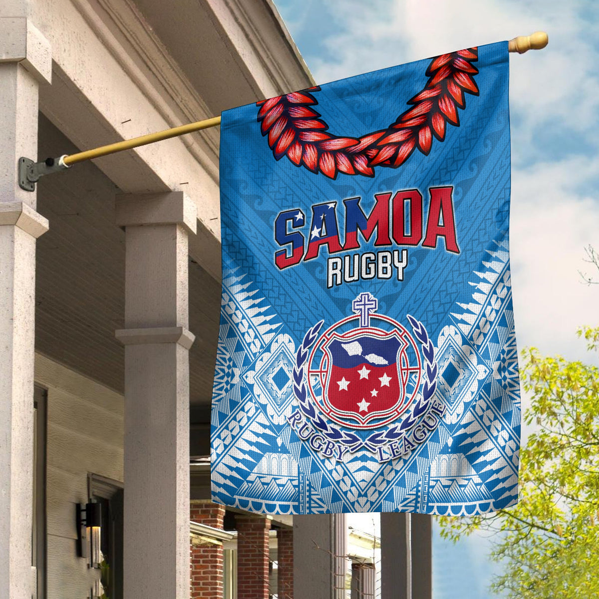 Blue Samoa Rugby house flag with wreath top and circular emblem center