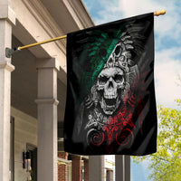 Black skull and eagle decorative flag with Aztec-inspired face and red/green accents