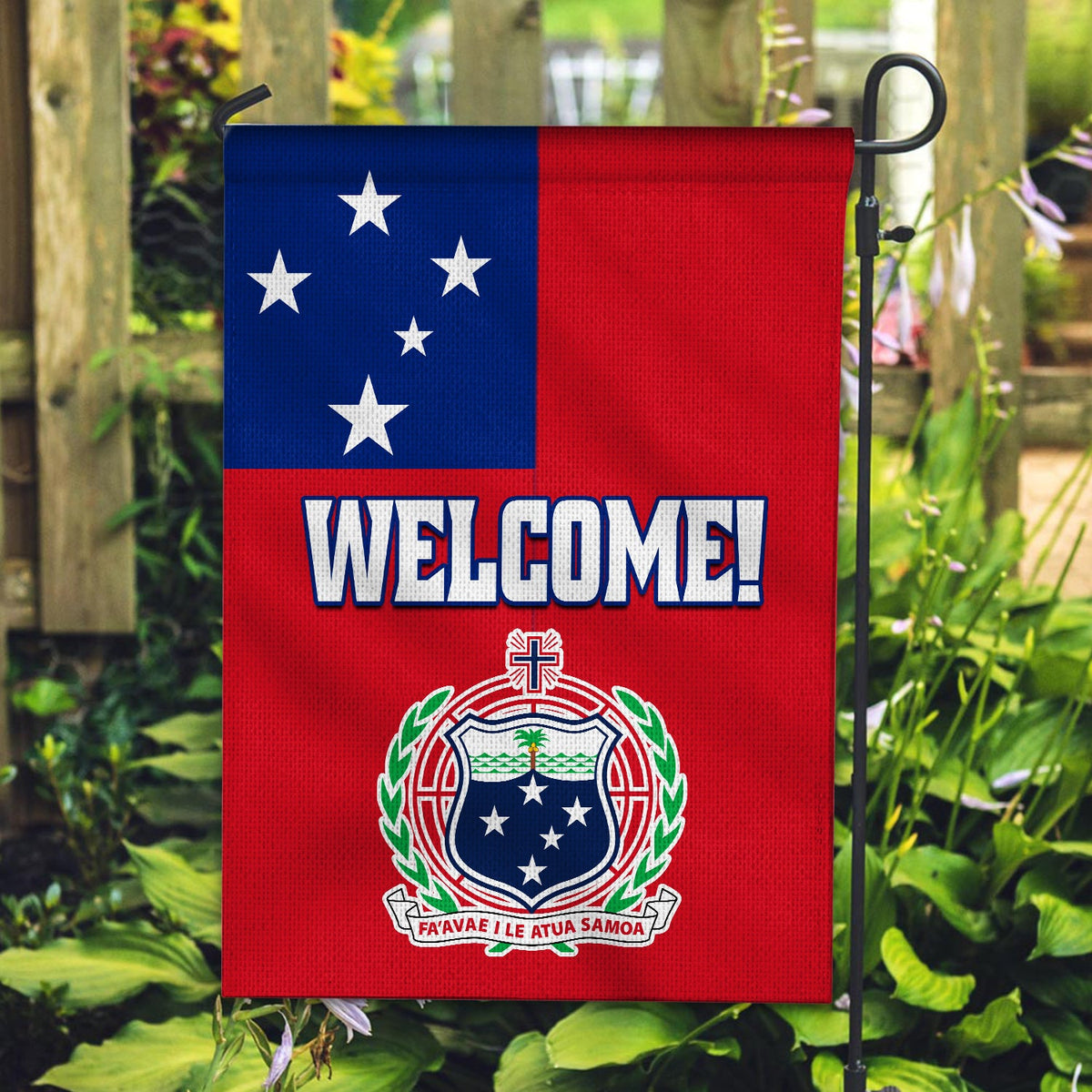 Samoa welcome flag on stand: blue stars and red field with white crest and 'WELCOME!'