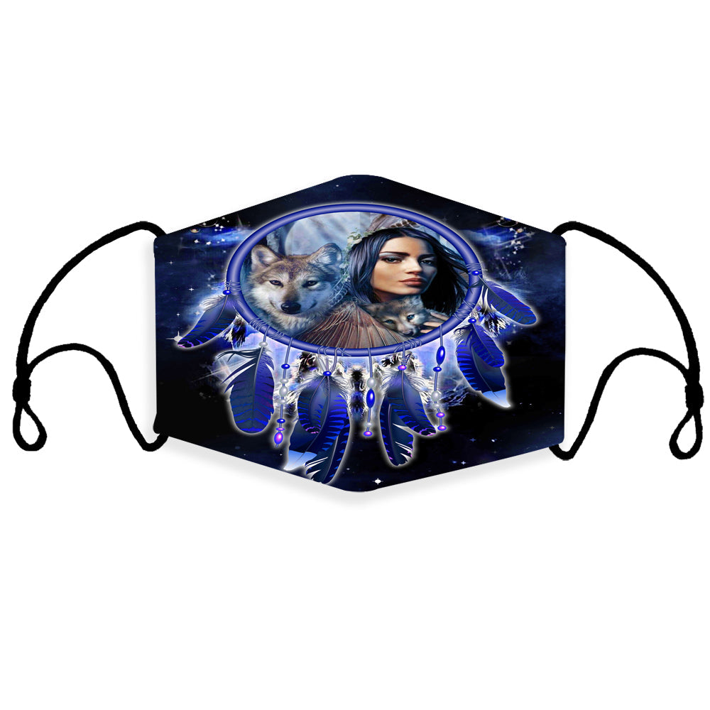 Blue galaxy 3D dreamcatcher face mask with girl and wolf graphic, filter pocket