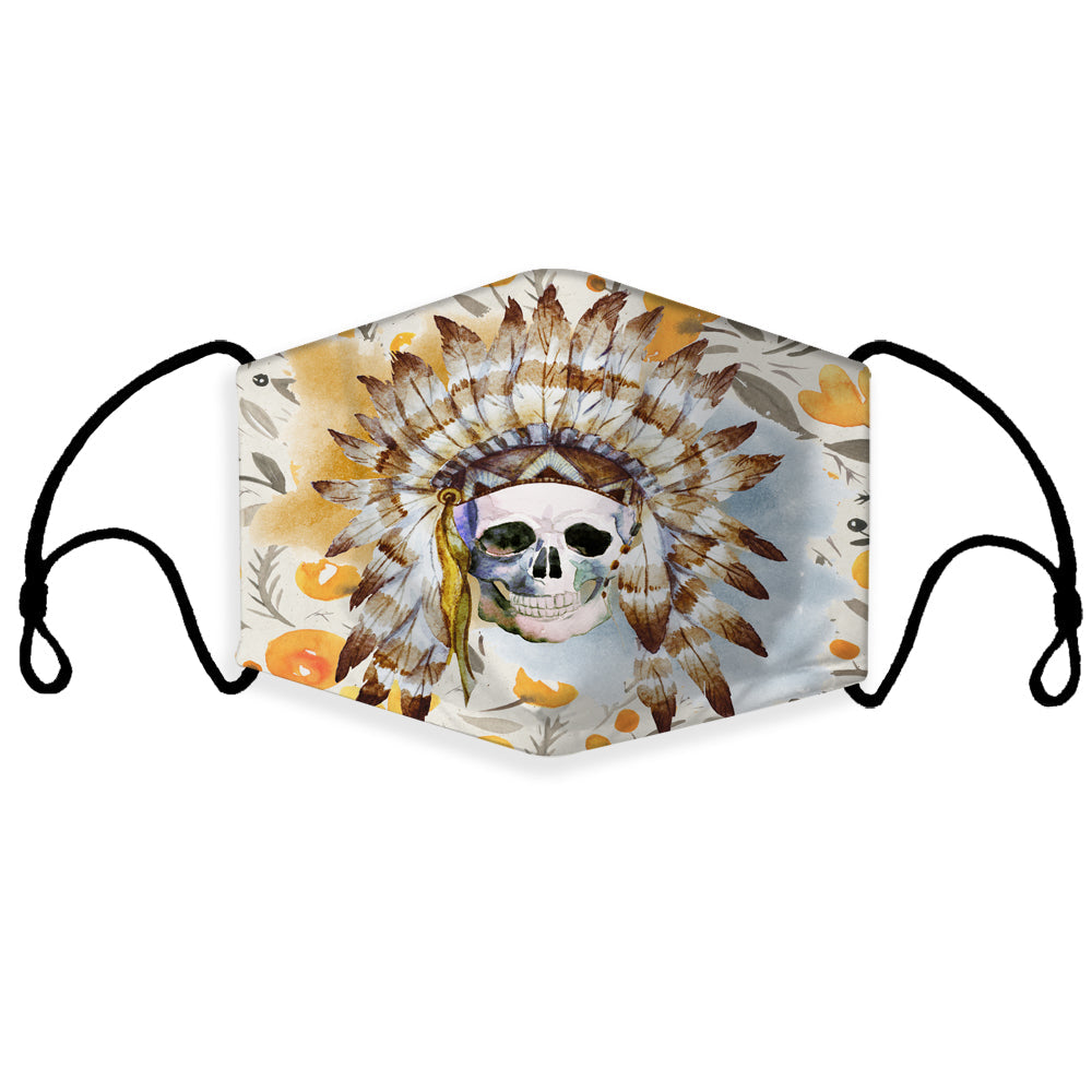Multicolor feather skull face mask with filter pocket and ear loops