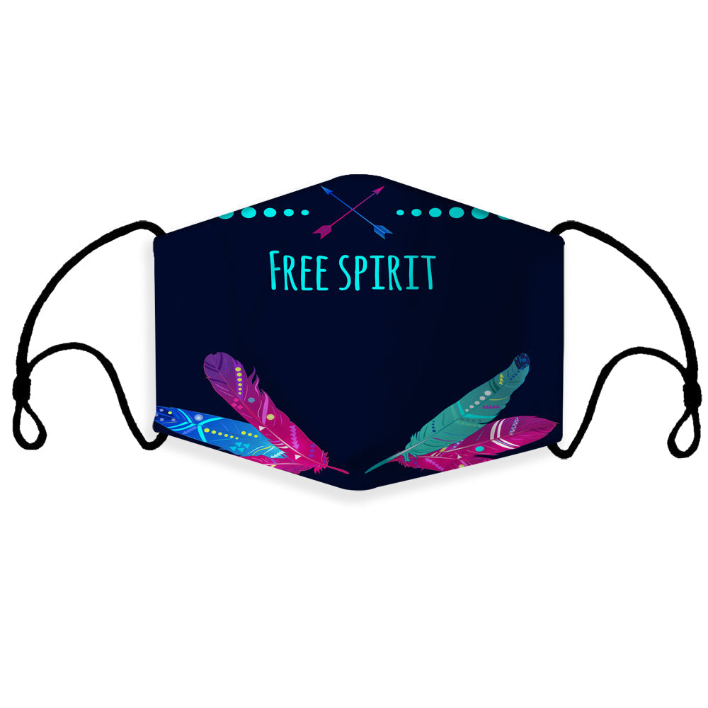 Dark blue 3D face mask with feather print, “FREE SPIRIT” text, and adjustable ear loops