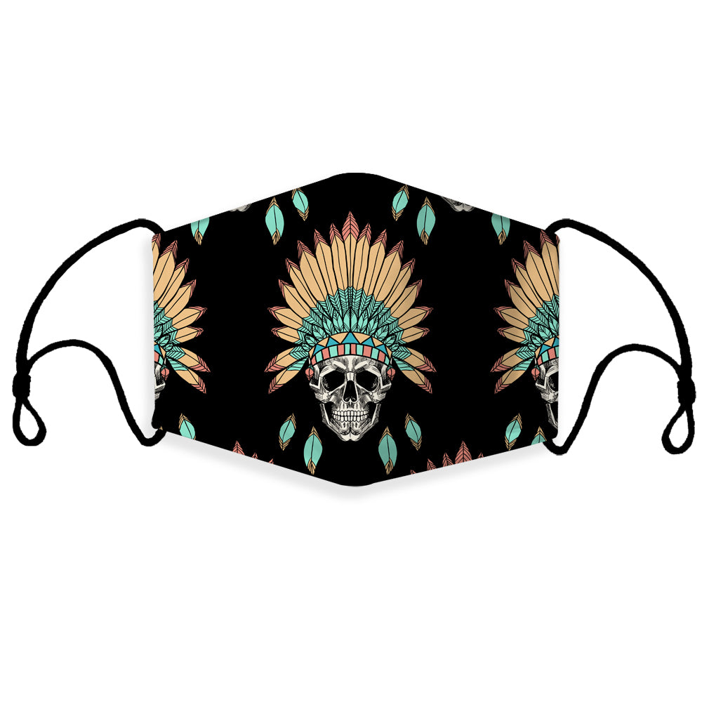 Black skull chief face mask with 3D feather headdress and colorful leaf accents