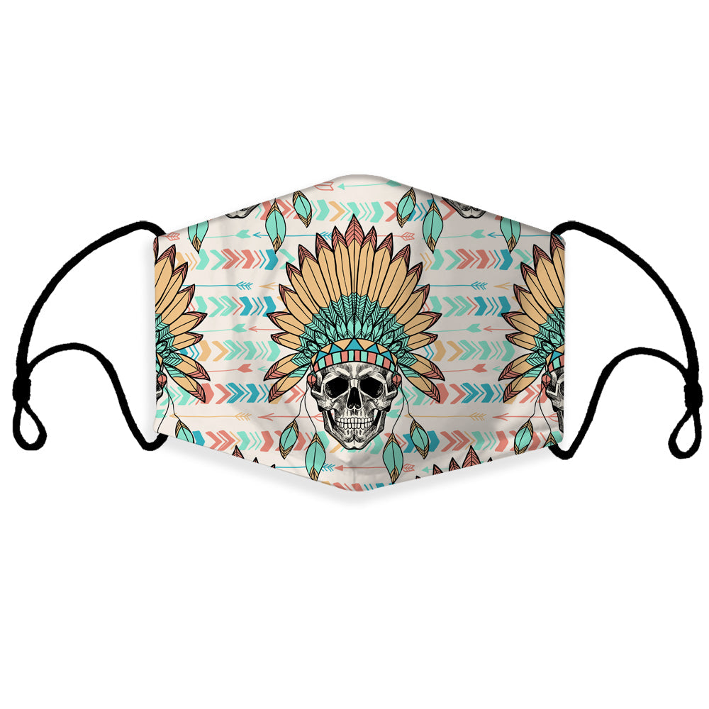 White face mask with 3D chief skull design, multicolor headdress, elastic ear loops