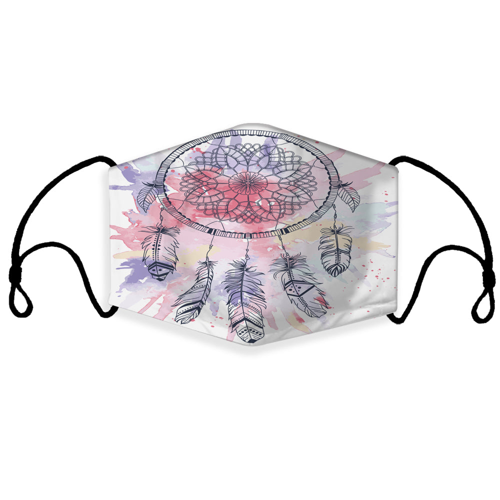 Pink multicolor dreamcatcher face mask with 3D feather graphic and elastic ear loops