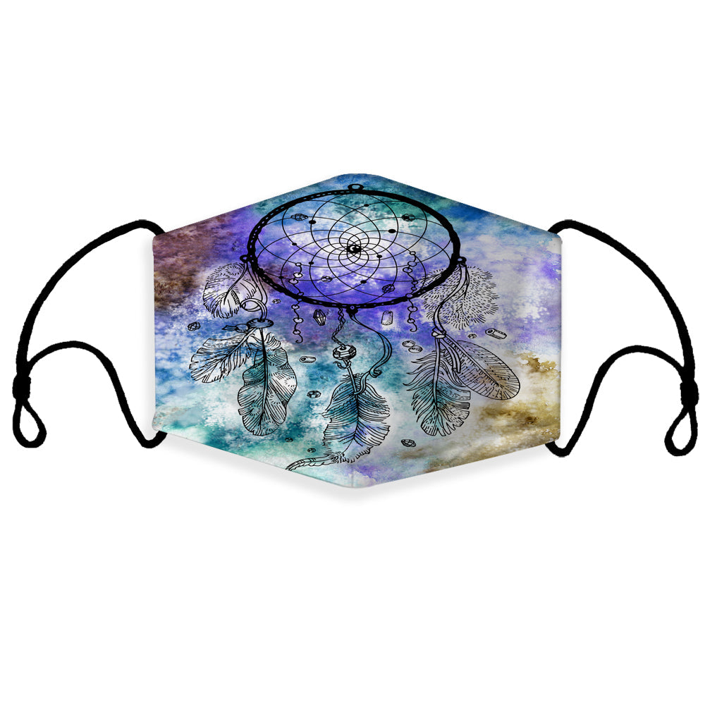 3D dream catcher face mask with ear loops, multicolor feathers