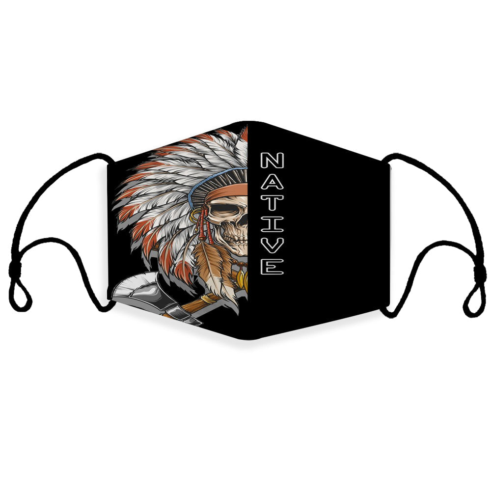 Colorful 3D skull chief face mask with feather headdress, filter pocket