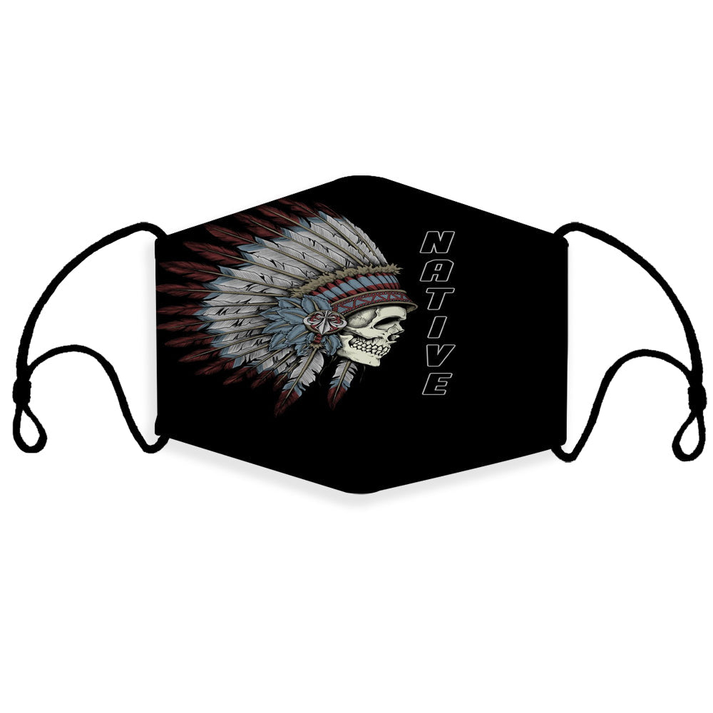 3D skull chief face mask, feather headdress print, ear loops, filter pocket