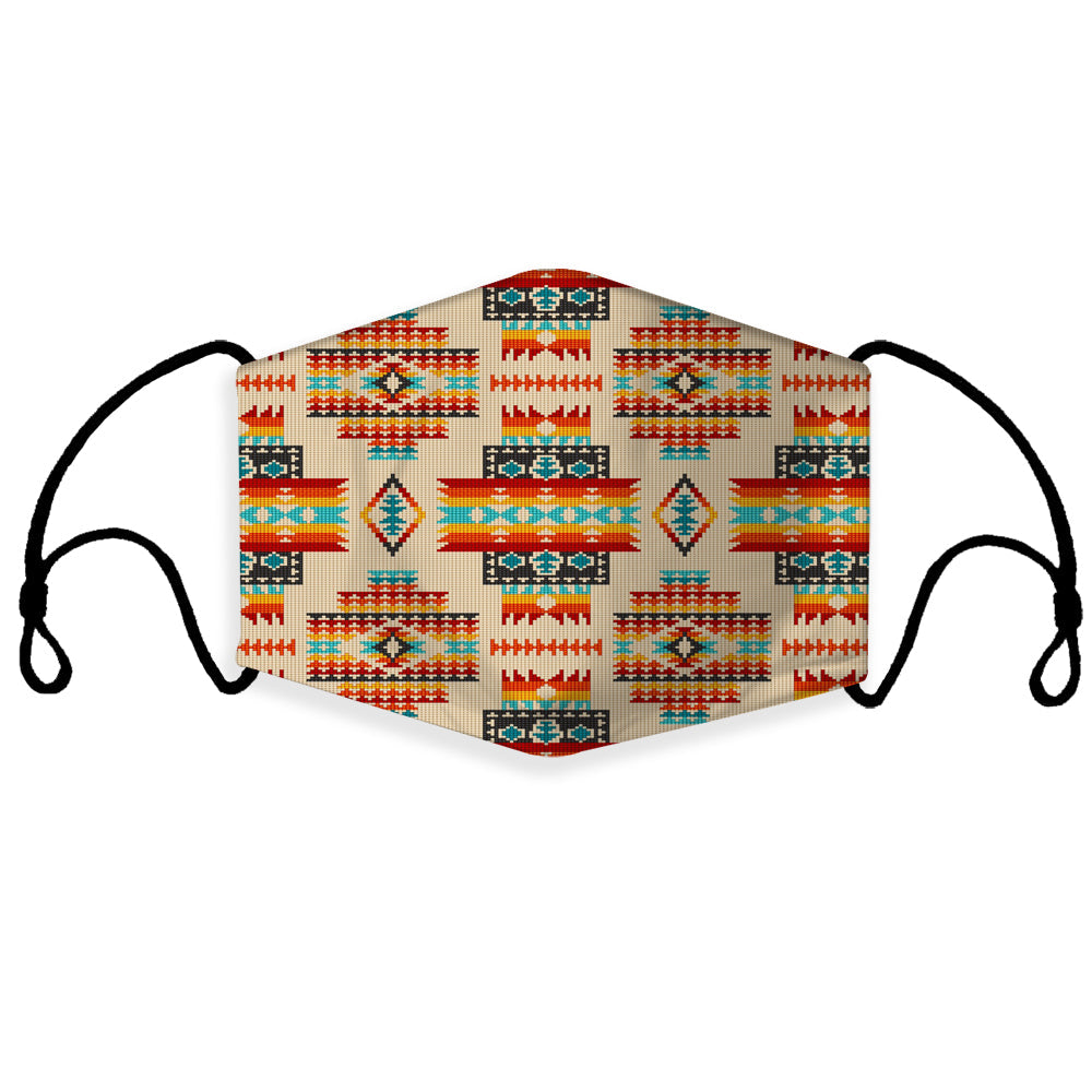 Cream Native American patterned 3D face mask with ear loops and 1 filter
