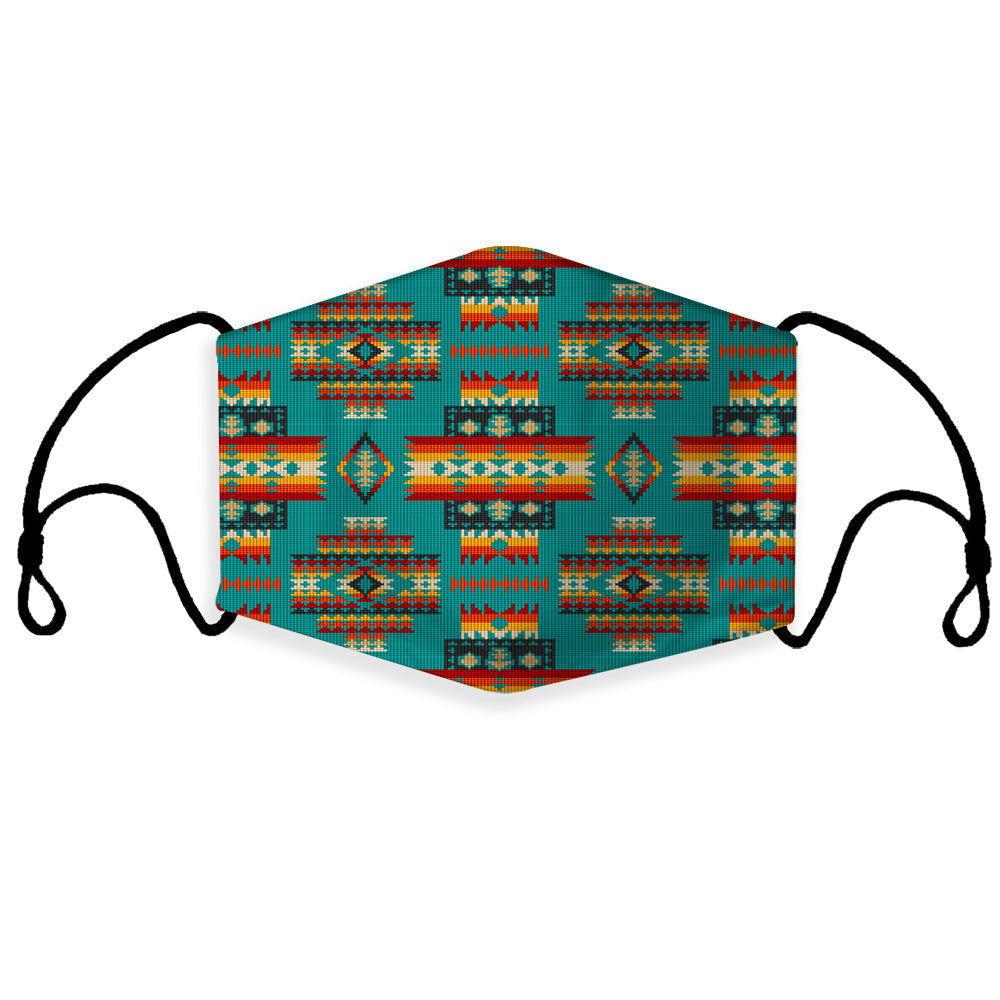 Blue 3D Native American face mask with multicolor pattern and ear loops