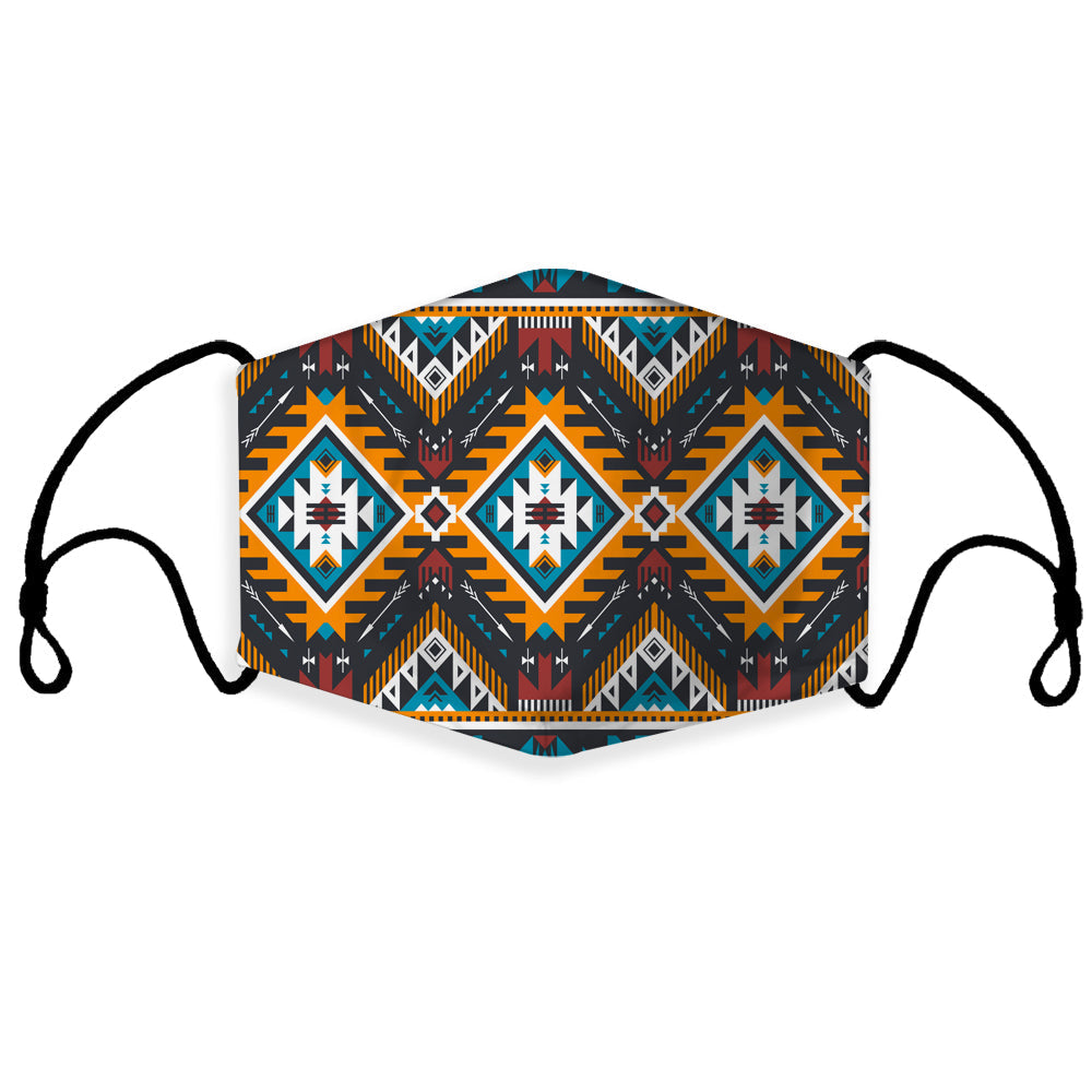 Yellow Aztec geometric 3D face mask with multicolor pattern and side ear loops