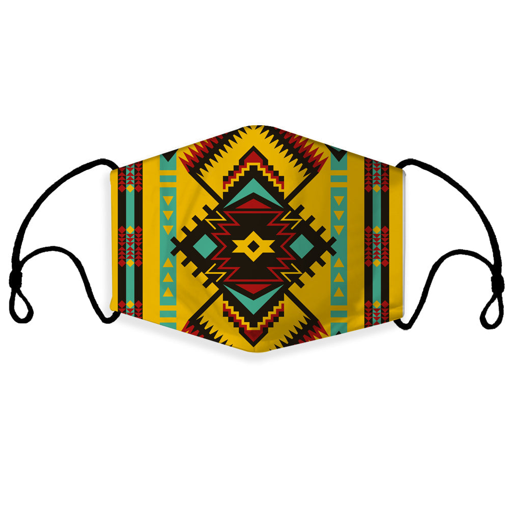 Multicolor geometric 3D face mask with Native-inspired pattern and ear loops