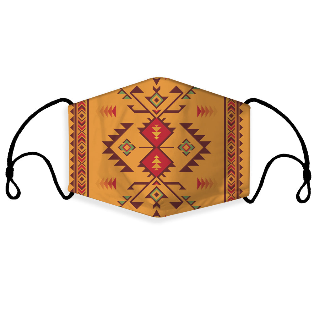 3D Native Southwest patterned face mask with multicolor geometric print, tan base, black ear loops