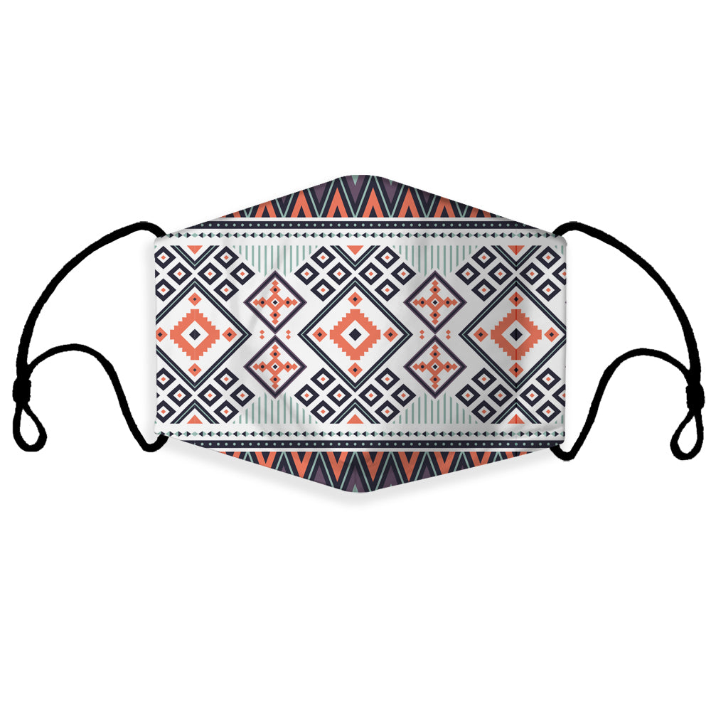 Purple tribal 3D filter mask with multicolor geometric pattern and ear loops