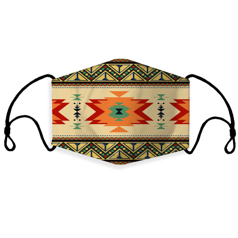 Multicolor geometric patterned face mask with curved center panel and ear loops