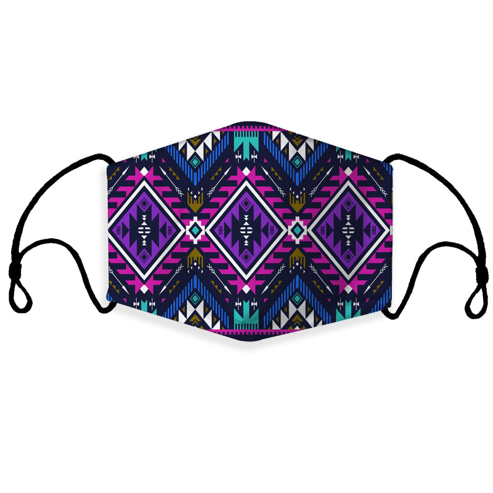 Purple tribal geometric 3D face mask with black ear loops and colorful diamond pattern