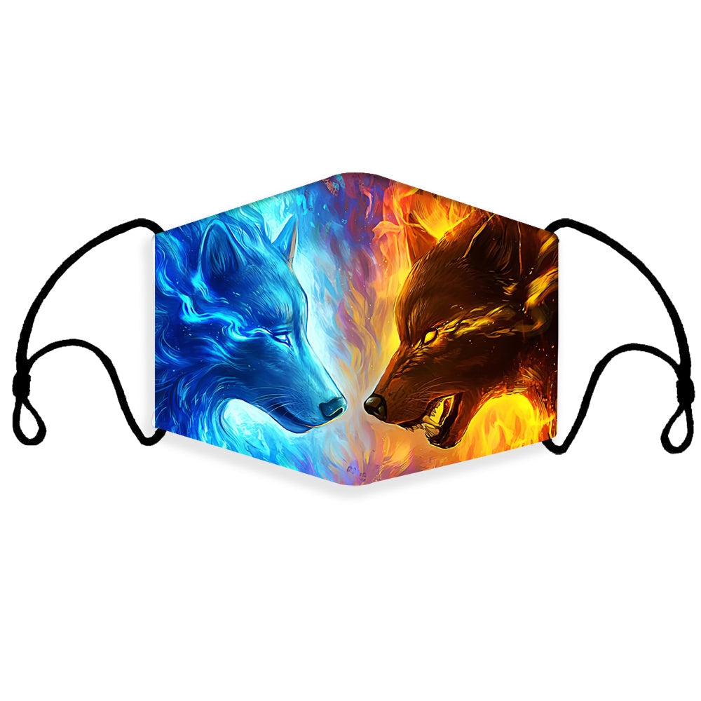 Wolf 3D face mask, multicolor ice-and-fire design with black ear loops