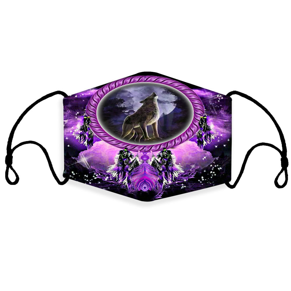 Howling wolf dreamcatcher 3D face mask with purple galaxy print and oval wolf graphic