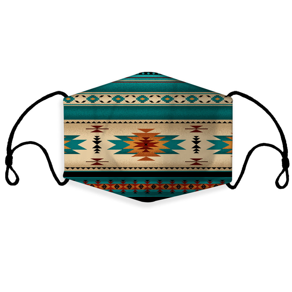 Blue 3D native pattern face mask with filter, multicolor geometric design