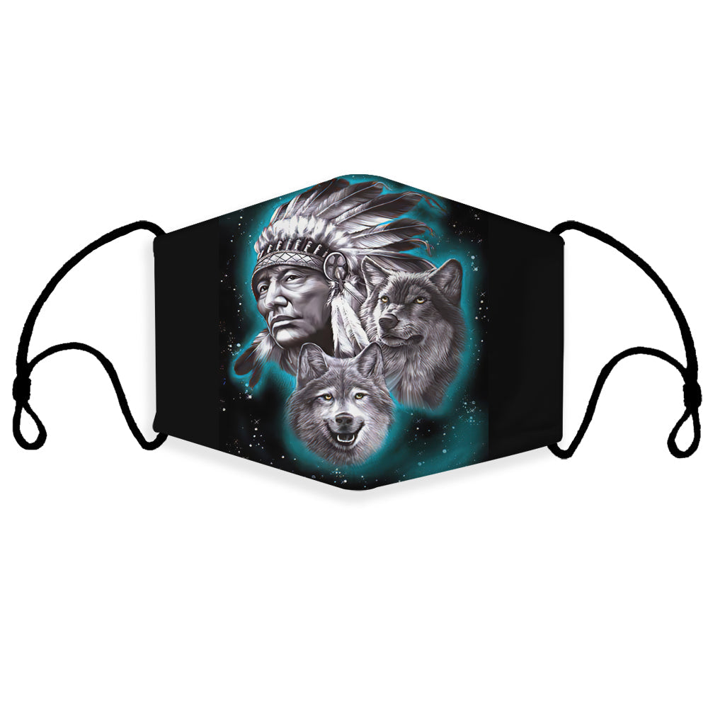 Native American 3D mask in black with multicolor chief and wolf graphic, ear-loop style
