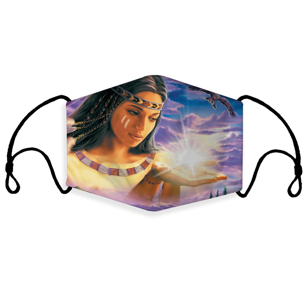 Girl 3D face mask with colorful Native American woman artwork and ear loops