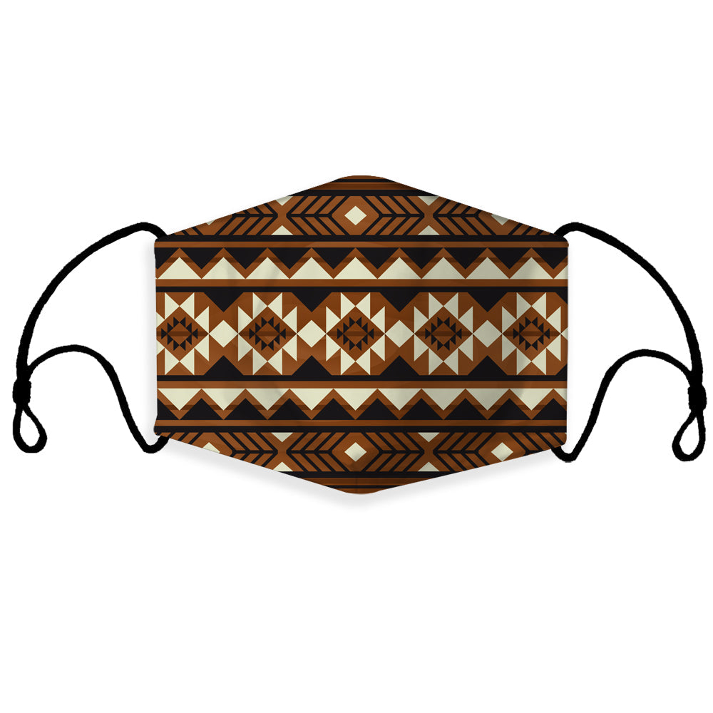 Brown Native American 3D mask with geometric pattern, adjustable ear loops, incl. 1 filter