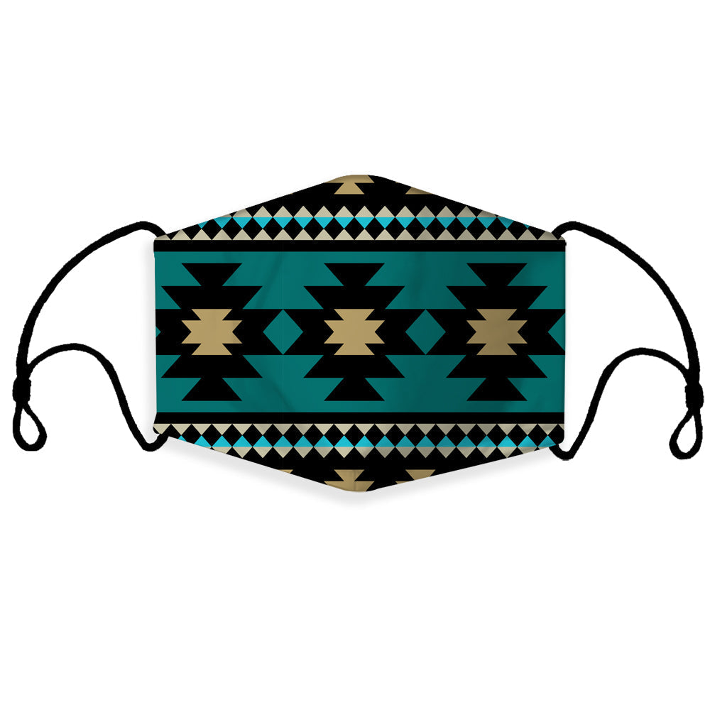 Green Aztec-pattern 3D face mask with ear loops, multicolor geometric design