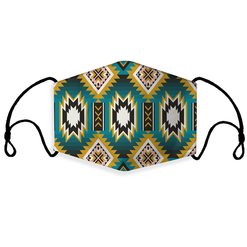 Geometric turquoise patterned face mask with black ear loops