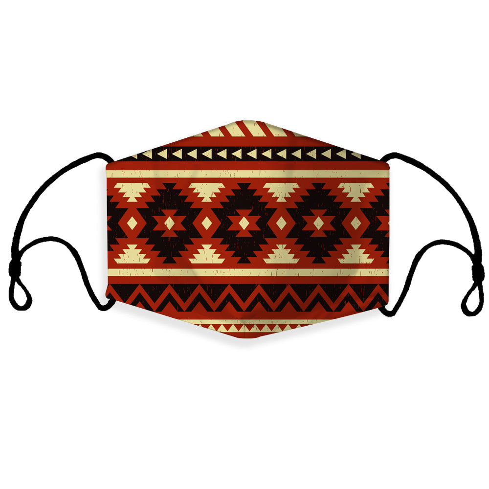 Native-style 3D face mask with multicolor geometric pattern and black ear loops