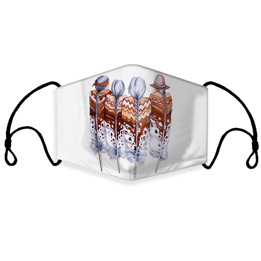 Girls feather 3D printed face mask, multicolor native-style design, adjustable ear loops