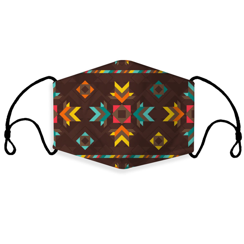 Brown Native American 3D face mask, seamless geometric pattern, multicolor arrows, ear loops