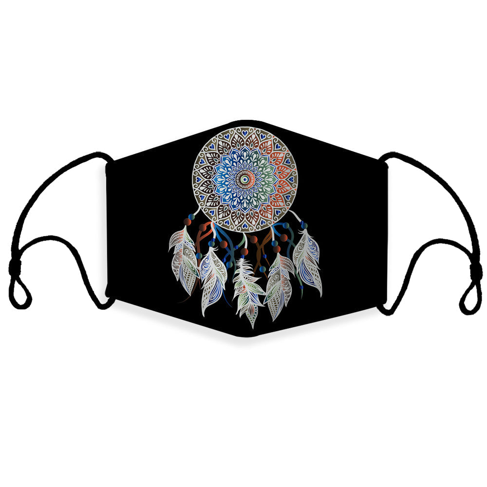 Black 3D dreamcatcher mandala face mask with multicolor feathers and elastic ear loops