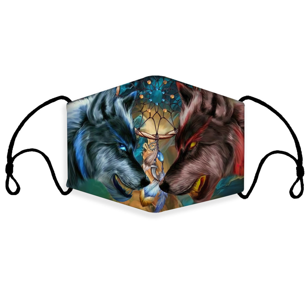 Native American wolf print face mask, multicolor blue and red, adjustable ear loops