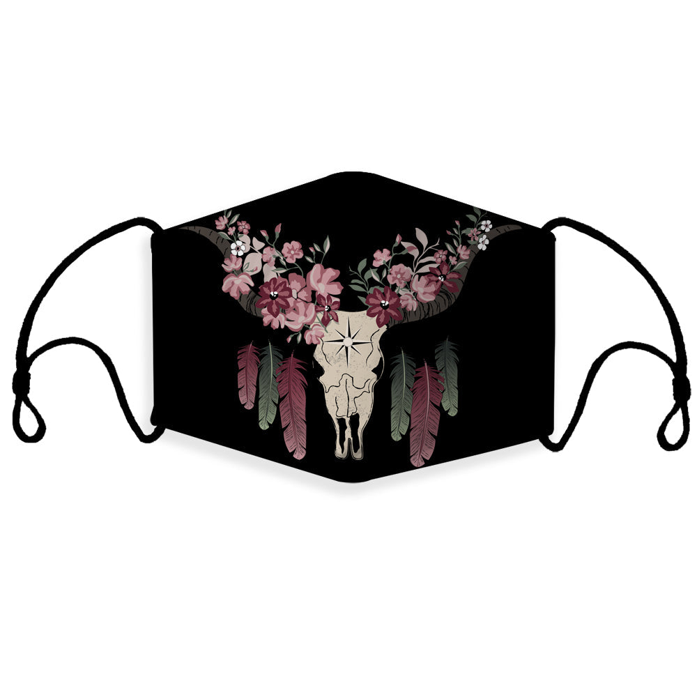 Black 3D skull bison mask with floral design and star, adjustable ear loops