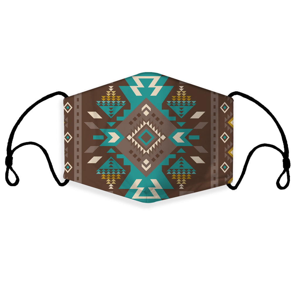 Brown 3D face mask with blue, teal, and gold geometric Native American pattern