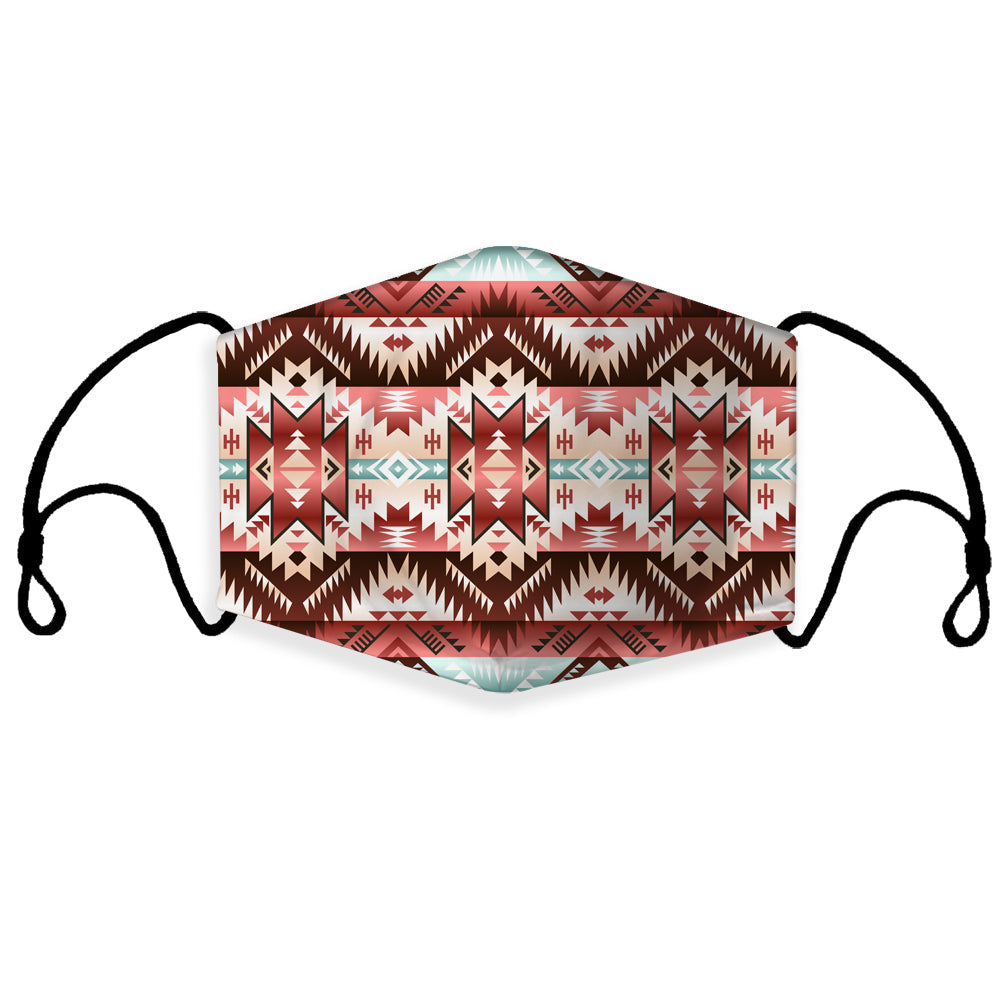 Red tribal 3D face mask with Native American geometric pattern and black ear loops