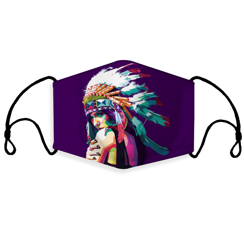 Multicolor Native American girl feather headdress 3D face mask with ear loops