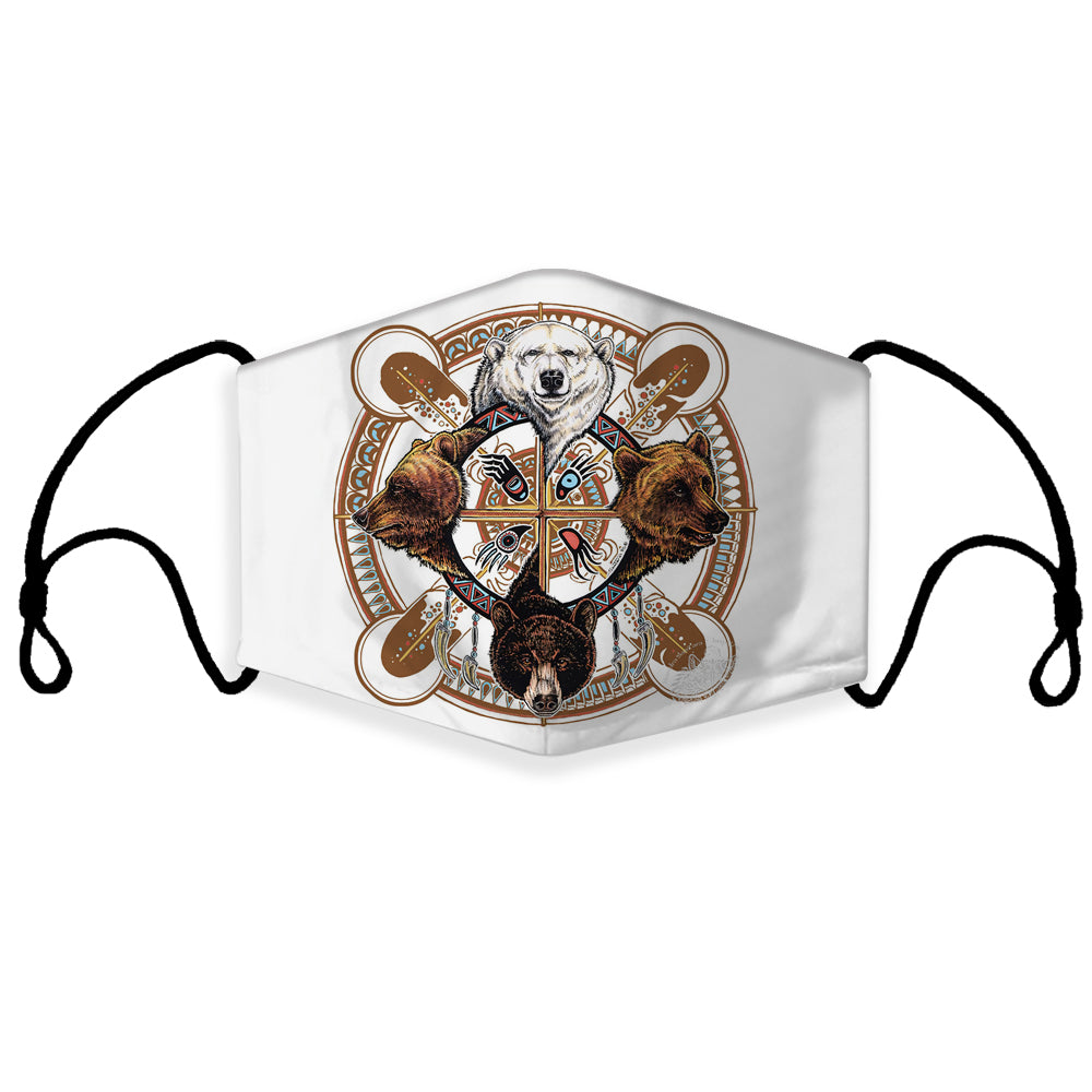 3D Native American-style four-bear face mask, white with multicolor graphic and ear loops