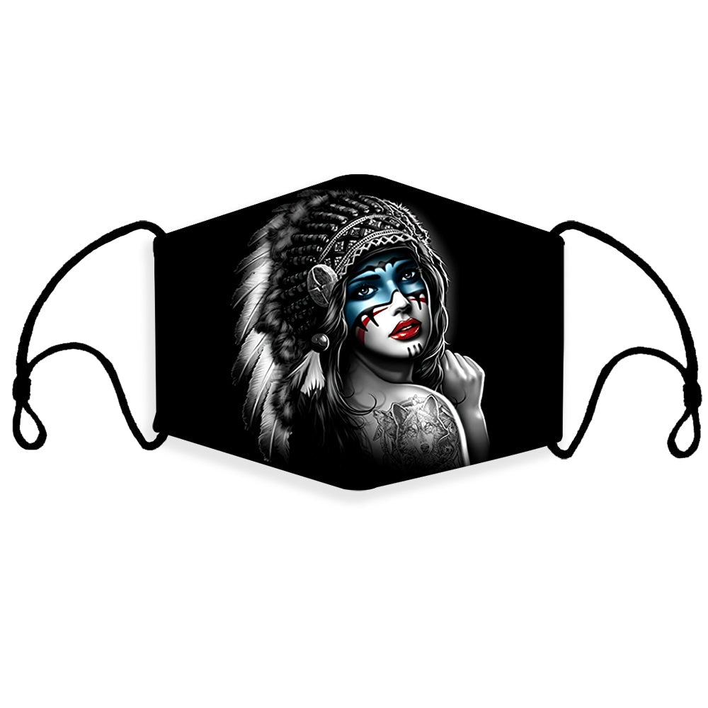 Feather headdress Native American girl 3D face mask, multicolor graphic, filter